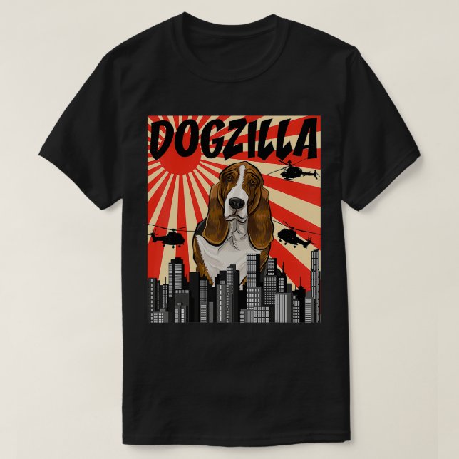 Camiseta Engraçado Retro Japonês Dogzilla Basset Hound (Frente do Design)
