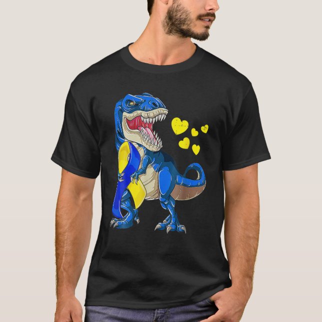 Camiseta Engraçado Rex Dinossaur World Down Syndrome Awaren (Frente)