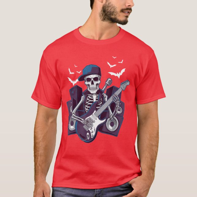 Camiseta Engraçado Rocker Skeleton Boné Skeleton Legal Hall (Frente)
