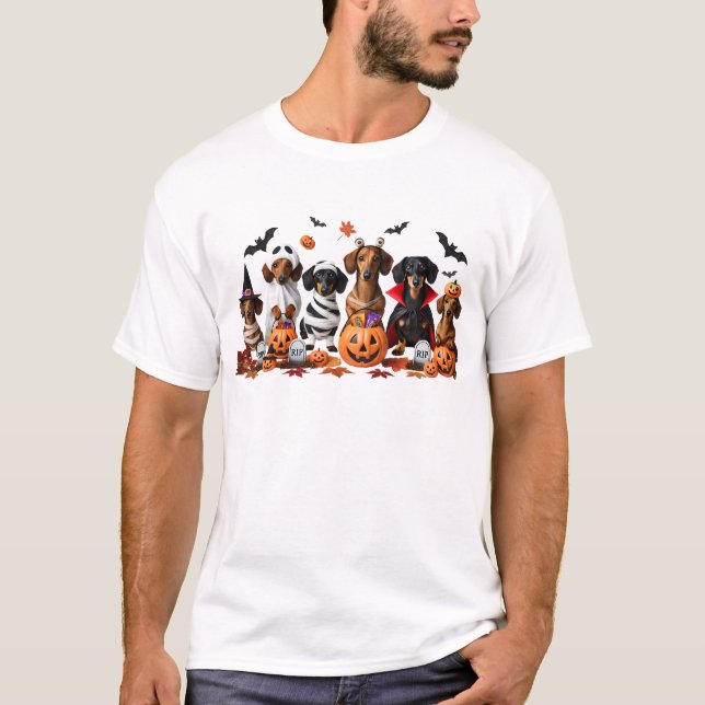 Camiseta Engraçado Saco Cachorro do Dia das Bruxas (Frente)