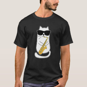 Camiseta Engraçado Saxofone Cat Musico Jazz