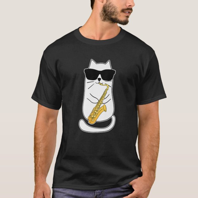 Camiseta Engraçado Saxofone Cat Musico Jazz (Frente)