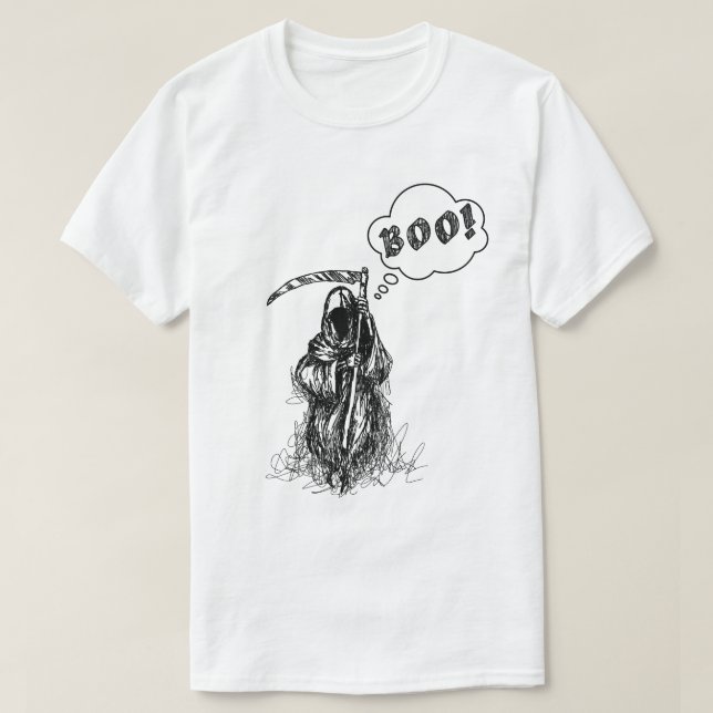 Camiseta Engraçado Scary Spooky Grim Reaper com Synthe Boo (Frente do Design)