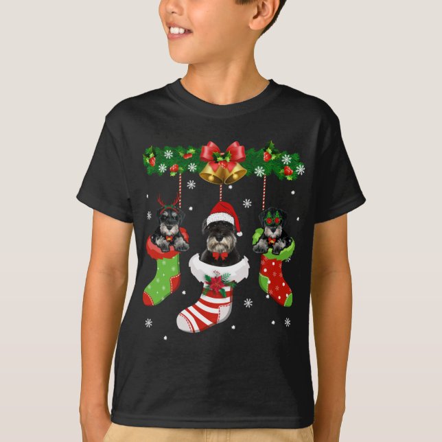 Camiseta Engraçado Schnauzer Árvore de Natal Meias Cão Por  (Frente)