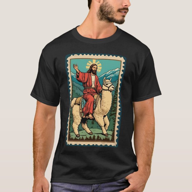 Camiseta Engraçado Senhor Jesus Andando Alpaca Cristo Orgul (Frente)