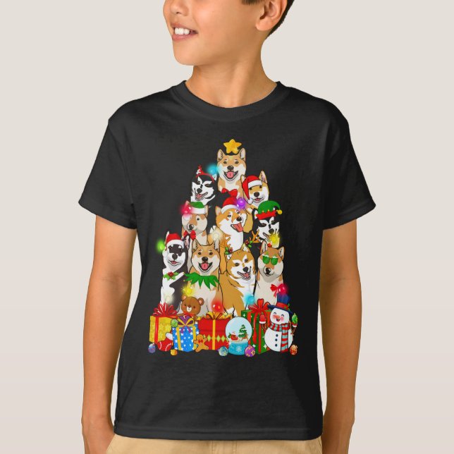 Camiseta Engraçado Shiba Inu Árvore De Natal Luzes Cachorro (Frente)