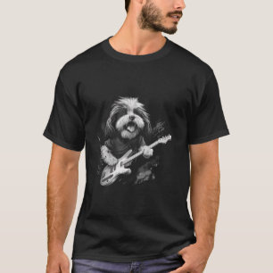Camiseta Engraçado Shih Tzu Cachorro Tocando Guitarra Longa
