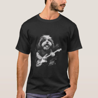 Camiseta Engraçado Shih Tzu Cachorro Tocando Guitarra Longa