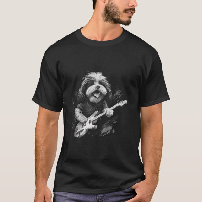 Camiseta Engraçado Shih Tzu Cachorro Tocando Guitarra Longa (Frente)