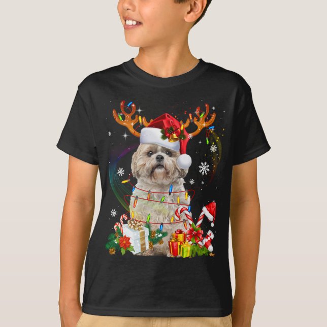 Camiseta Engraçado Shih Tzu Christmas Reindeers Luzes de Na (Frente)