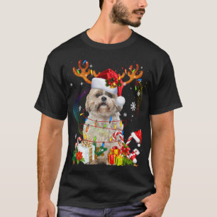 Camiseta Engraçado Shih Tzu Christmas Reindeers Luzes de Na