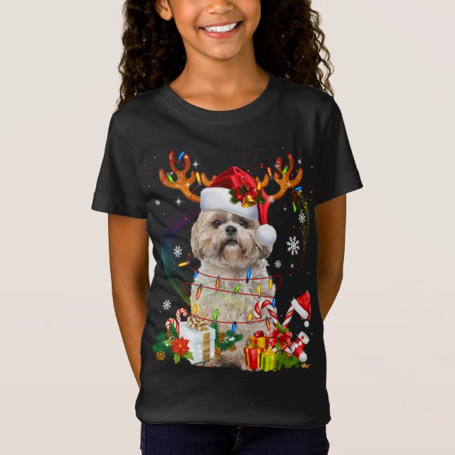 Camiseta Engraçado Shih Tzu Christmas Reindeers Luzes de Na (Frente)