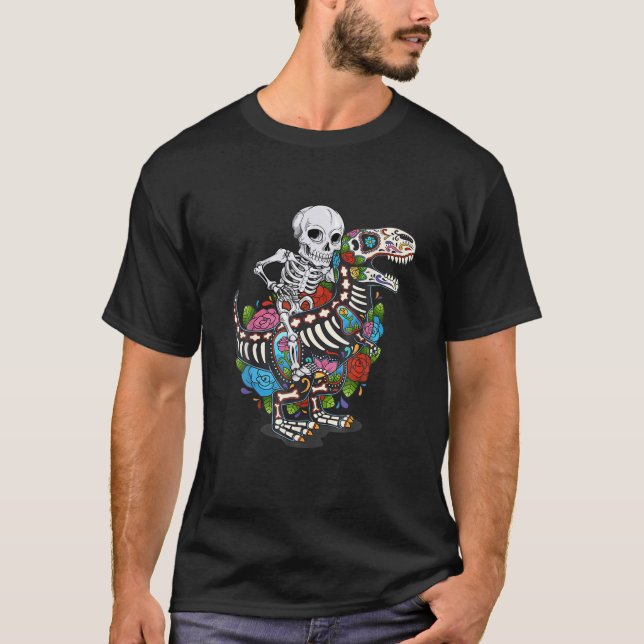 Camiseta Engraçado Skeleton Andando Dinossauro Rex Dia De L (Frente)