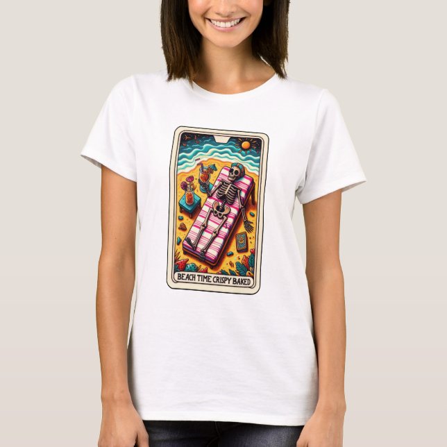 Camiseta Engraçado Skeleton Beach Time Crispy Tarot (Frente)