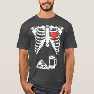 Camiseta Engraçado Skeleton Pizza Beer Festa de Halloween