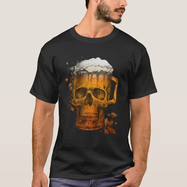 Camiseta Engraçado Skeleton Skull Bebendo Beer Halloween (Frente)