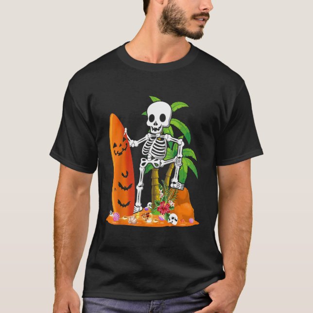 Camiseta Engraçado Skeleton surfboard Hawaiian Hallowee (Frente)