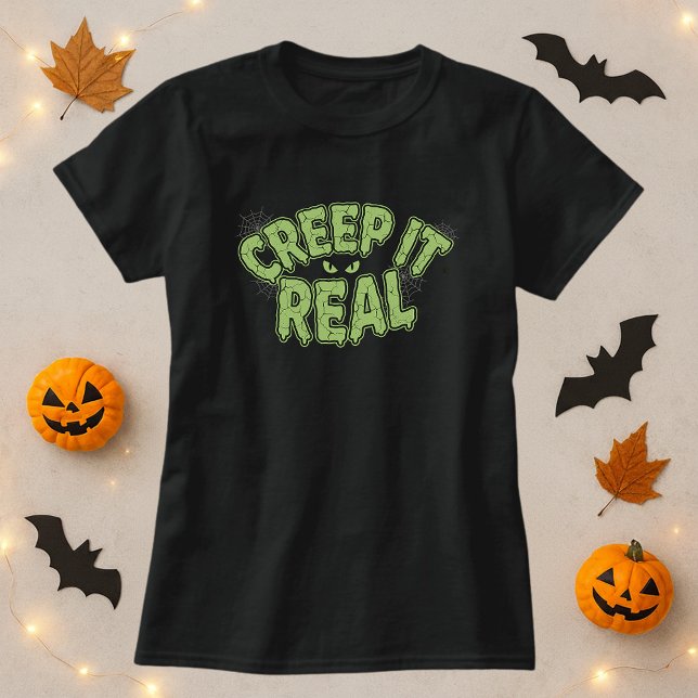 Camiseta Engraçado Slime Halloween Texto Spooky; Crepe Real (Criador carregado)