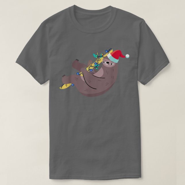 Camiseta Engraçado Sloth Hawaiian Xmas Luzes Santa Hat Nata (Frente do Design)