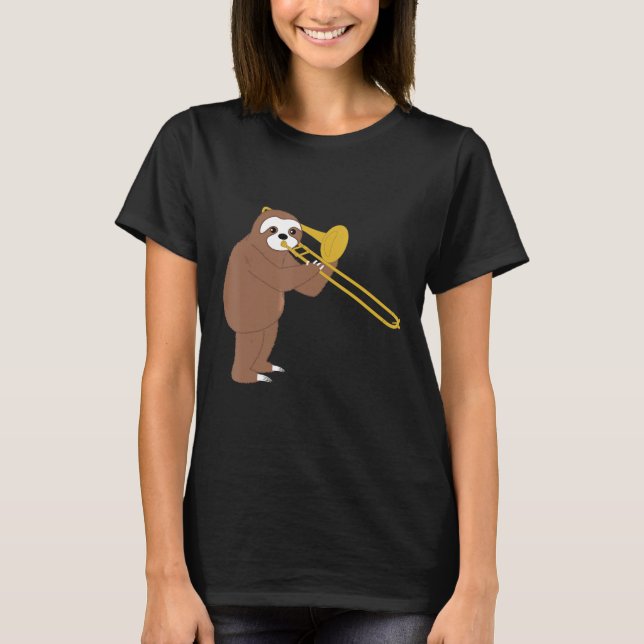 Camiseta Engraçado Sloth Tocando Música de Trombone (Frente)