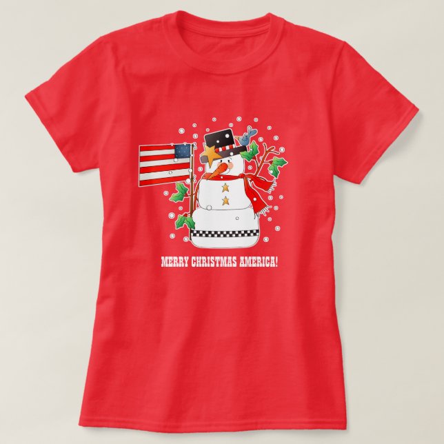 Camiseta Engraçado Snowman com a bandeira dos EUA (Frente do Design)
