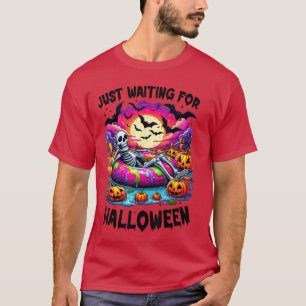 Camiseta Engraçado Só Esperando O Esqueleto De Halloween, S
