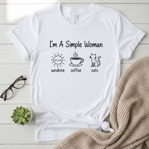 Camiseta Engraçado "Sou uma Mulher Simples: Sol, Café, Gato