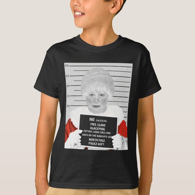 Camiseta Engraçado Sra. Claus Mugshot Presa No Cristo (Frente)