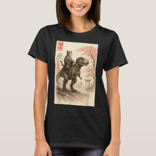 Camiseta Engraçado Sumi-e Kawaii Gato Montando Dinossauro J