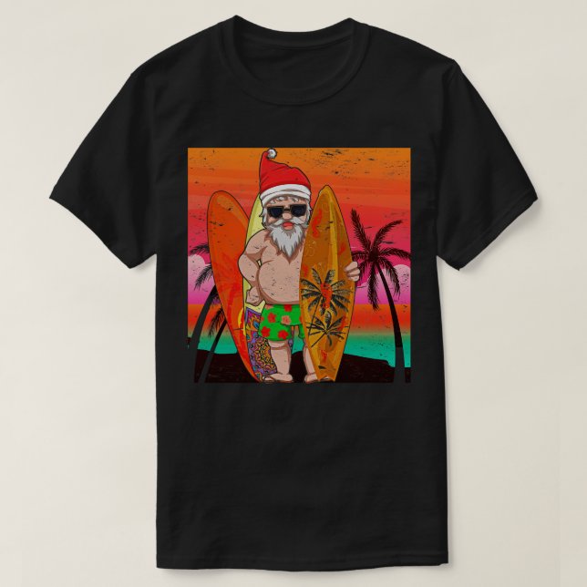 Camiseta Engraçado Surfer Papai Noel Verão Sunset Natal I (Frente do Design)