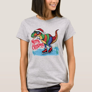 Camiseta Engraçado T-rex Dinossauro Ice Skating Feliz Natal