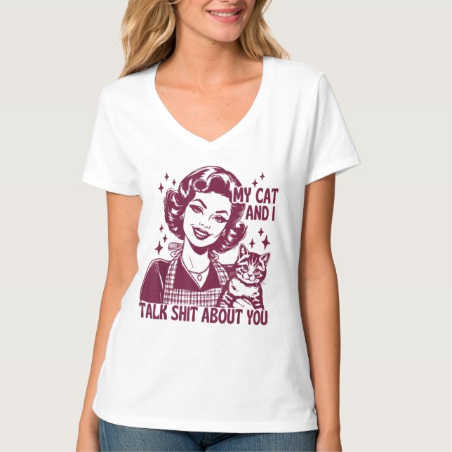 Camiseta Engraçado T-Shirt Meu Gato E Eu Falamos Lixo Sobre (Frente)