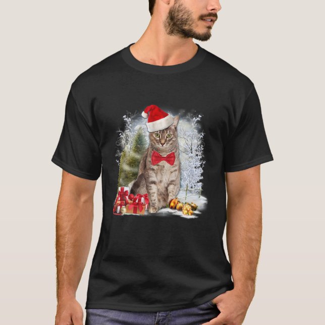 Camiseta Engraçado Tabby Cat Veste Natal Hat Graphic Xmas (Frente)