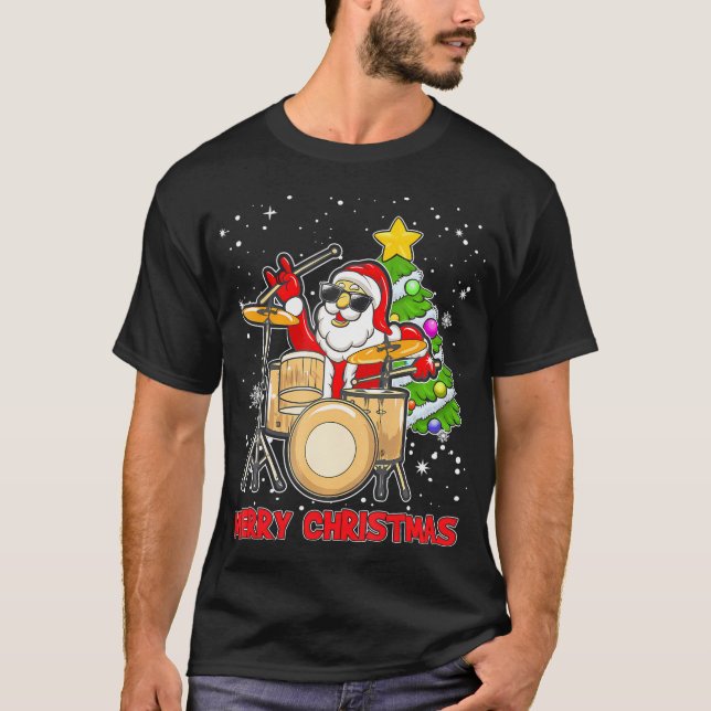 Camiseta Engraçado Tambor De Natal Feliz E Papai noel Drumm (Frente)