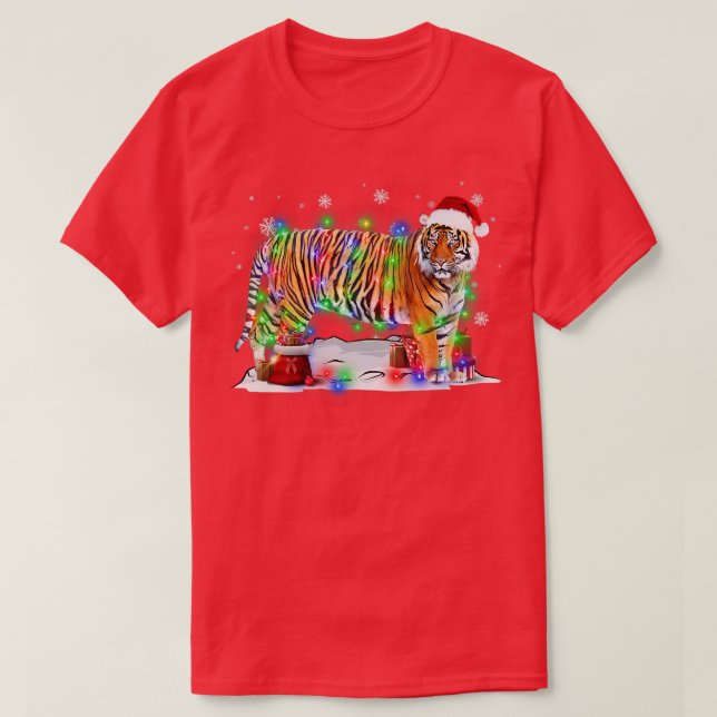 Camiseta Engraçado Tigre Árvore das Luzes de Natal Xmas Paj (Frente do Design)