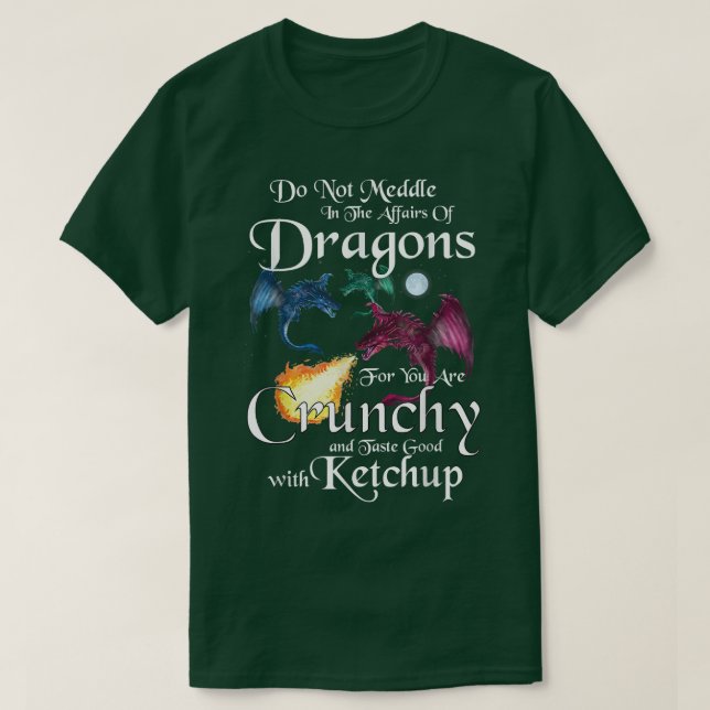 Camiseta Engraçado Três Dragões com Lua e Chamas para Drago (Frente do Design)