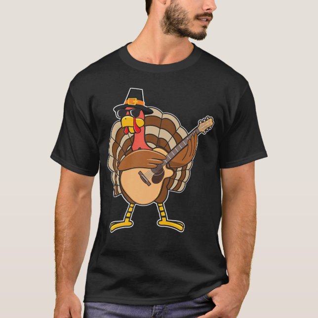 Camiseta Engraçado Turquia Tocando Violão Ação de Graças (Frente)