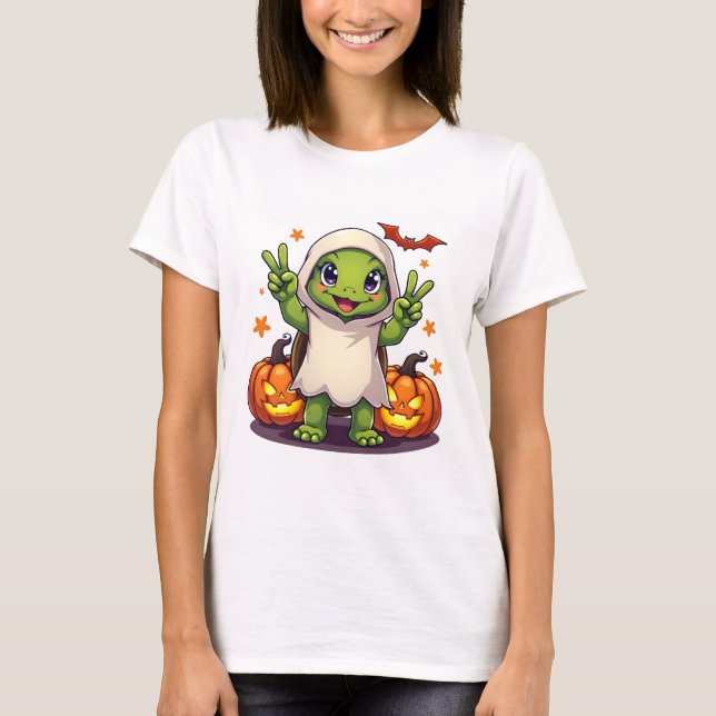 Camiseta Engraçado Turtle Fantasma Pumpkin Boo Halloween Cr (Frente)