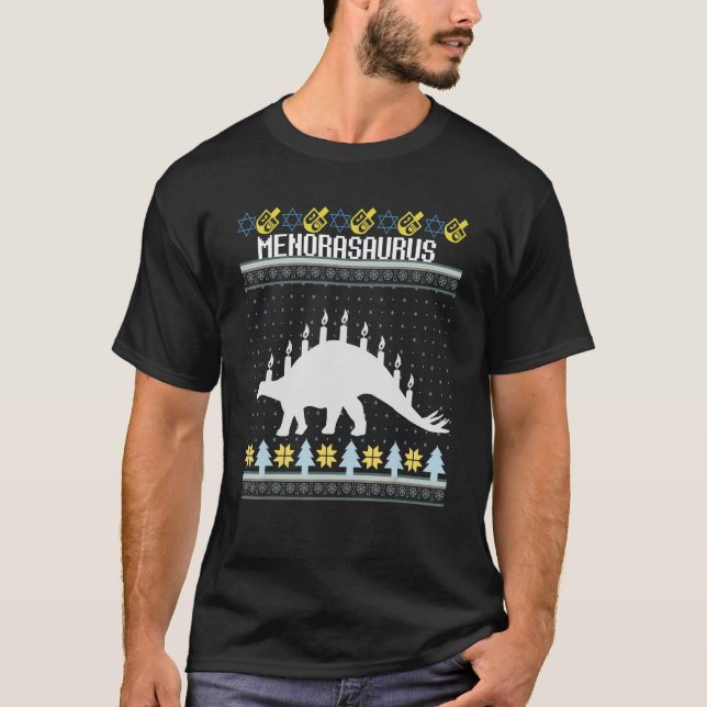 Camiseta Engraçado Ugly Hanukkah Sweater Dinossaur Menorah  (Frente)
