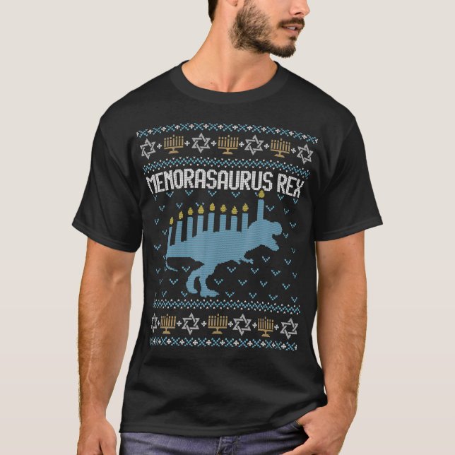 Camiseta Engraçado Ugly Hanukkah Sweater Dinossaur Trex Men (Frente)