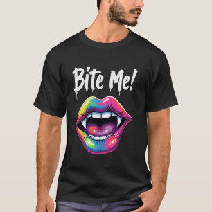 Camiseta Engraçado Vampiro Lábios Arco-Íris Dentes Me Morde