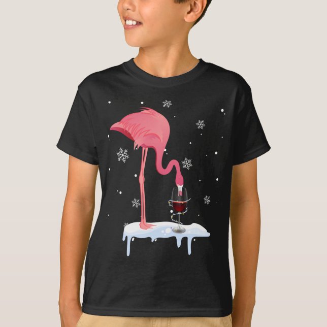 Camiseta Engraçado Vinho De Bebendo Flamingo No Natal Paj (Frente)