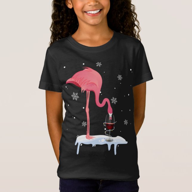 Camiseta Engraçado Vinho De Bebendo Flamingo No Natal Paj (Frente)