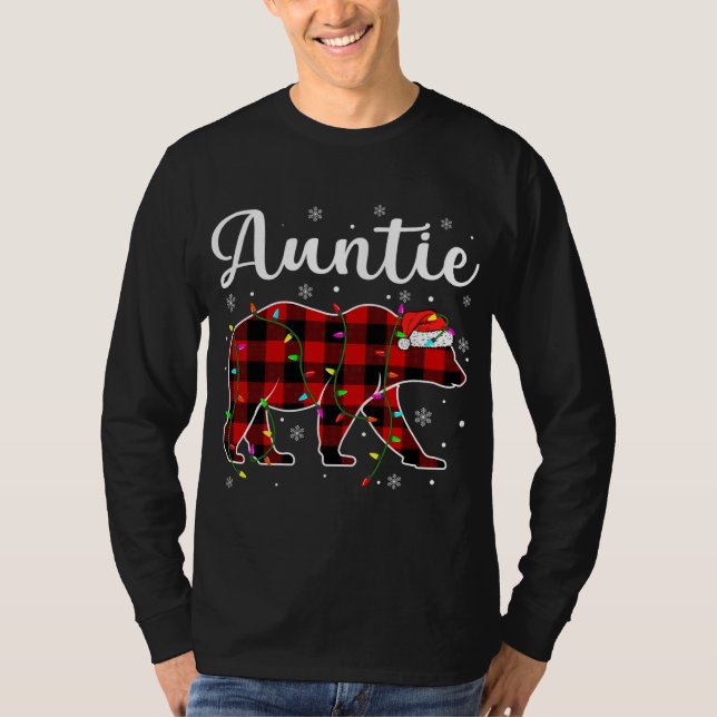 Camiseta Engraçado Xadrez Vermelha Luzes de Natal Tia Urso  (Frente)