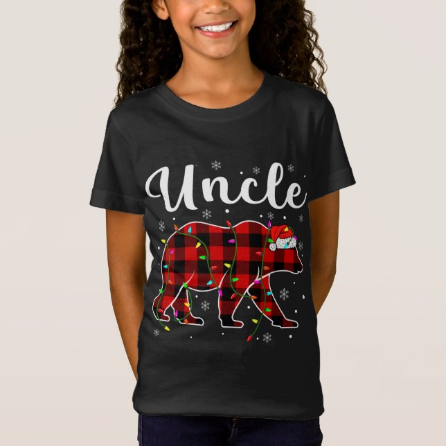 Camiseta Engraçado Xadrez Vermelha Luzes de Natal Tio Urso  (Frente)