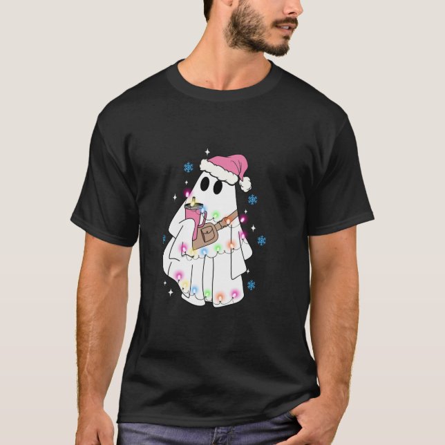 Camiseta Engraçado Xmas Boo Jee Fantasma Luzes de Natal Lon (Frente)