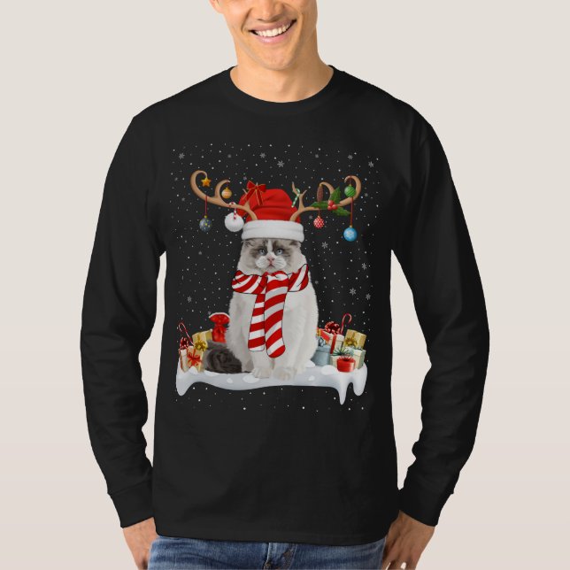 Camiseta Engraçado Xmas Lighting Reindeer Santa Hat Ragdoll (Frente)
