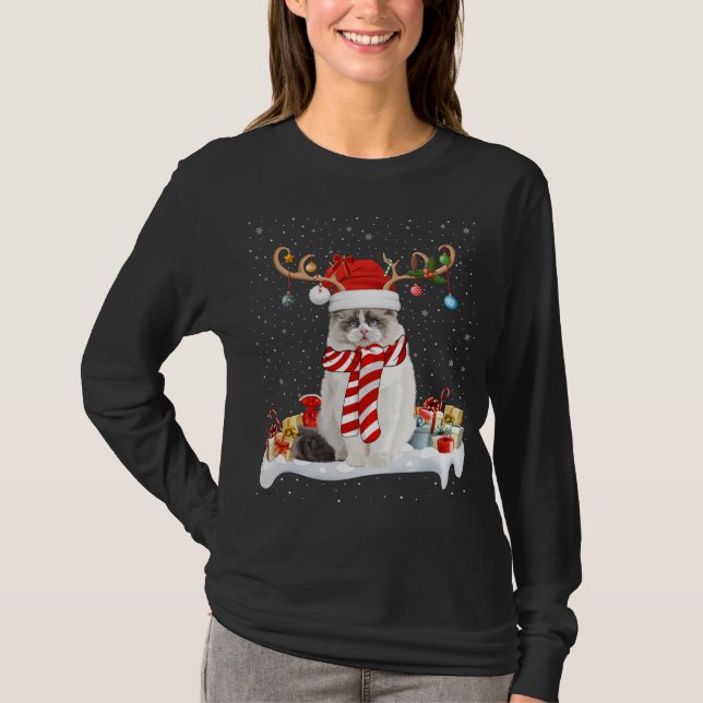 Camiseta Engraçado Xmas Lighting Reindeer Santa Hat Ragdoll (Frente)