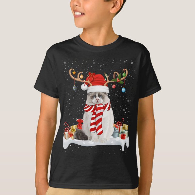 Camiseta Engraçado Xmas Lighting Reindeer Santa Hat Ragdoll (Frente)