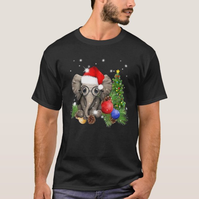 Camiseta Engraçado Xmas Lighting Tree Santa Hat - Elefante  (Frente)